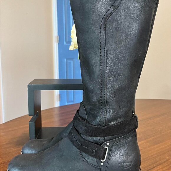 UGG Australia Darcie Black Leather Knee High Round Toe Riding Boots Size 7.5 - Picture 4 of 7
